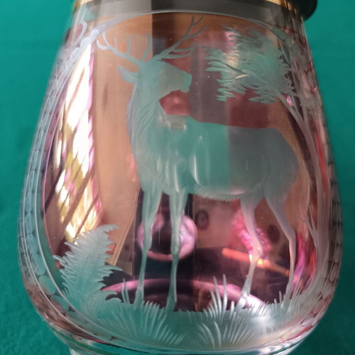 Bohemian glass beer stein with pewter lid like new