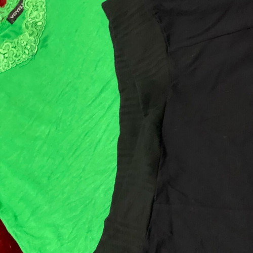 Women's set of 2 pieces used, black BSB skirt and green Voyelles lace top