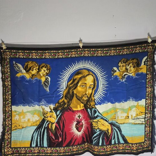 Vintage woven wall tapestry depicting Jesus with angels, like new