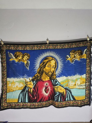 Vintage woven wall tapestry depicting Jesus with angels, like new