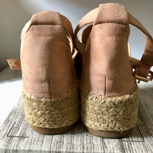 Pink suede platform espadrilles used with elastic ankle strap, size 39