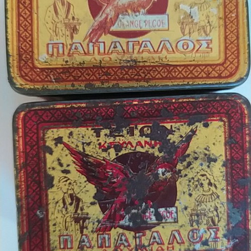 Papagalos Loumidis tea tins used, set of 2, 1950s
