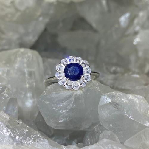 Handmade silver ring with natural blue sapphire and moissanites, new