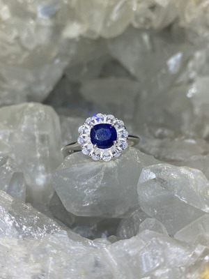 Handmade silver ring with natural blue sapphire and moissanites, new