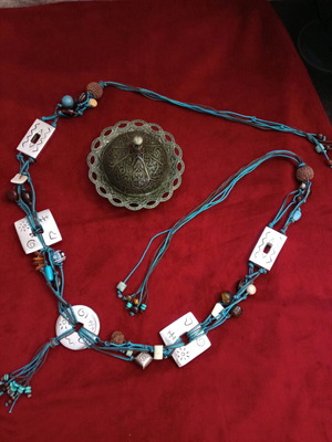 Belt with cords, metal elements and beads like new, blue and silver