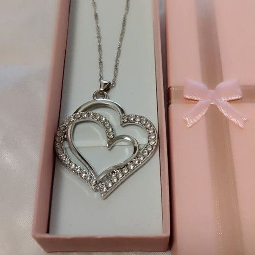 Heart necklace and earrings set with sparkling zircon, silver color, new
