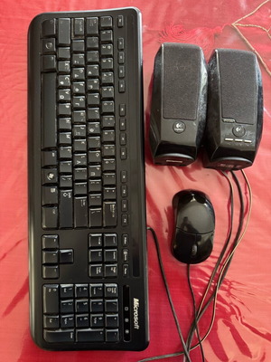 Computer peripheral set used with Microsoft keyboard, Element mouse and Logitech speakers