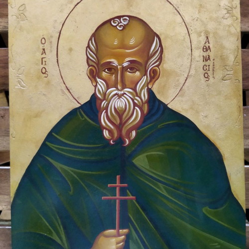 Byzantine icon Saint Athanasios handmade on wood with carved design 30x39cm