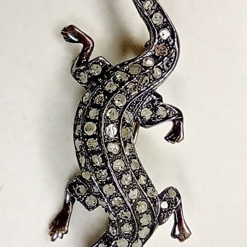 Vintage lizard brooch silver 925 and 14K gold with diamonds and rubies like new