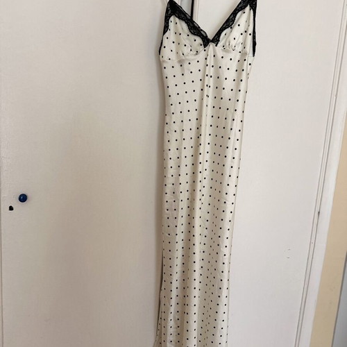 White satin maxi polka dot dress with black lace details, like new