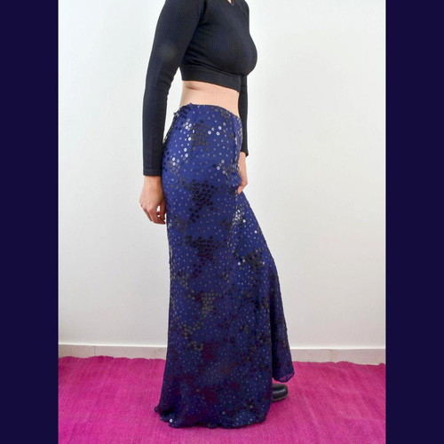 Vintage silk maxi skirt Santacroce blue with sequins new
