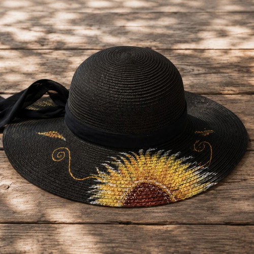 Handmade black straw hat with painted sunflower