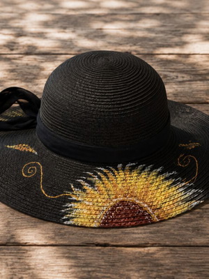 Handmade black straw hat with painted sunflower