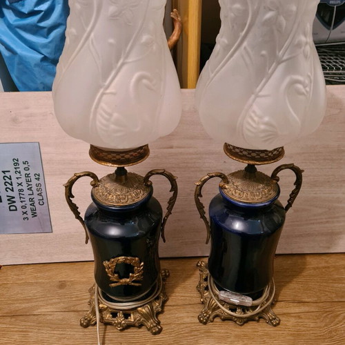French table lamps pair used, porcelain and brass dark blue