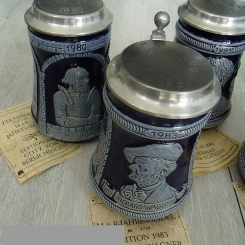 Porcelain steins M & R like new, set of 6 with metal lids