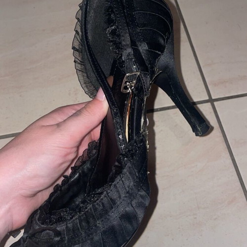 Black satin vintage heels size 38, used, rare piece