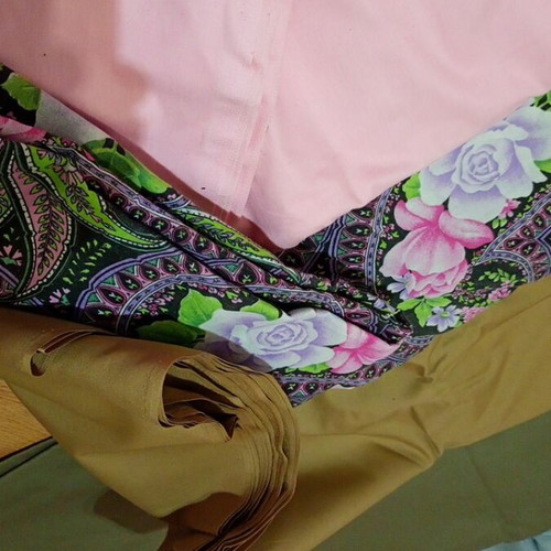Various fabrics and trims many meters, vintage prints and woven wool throws