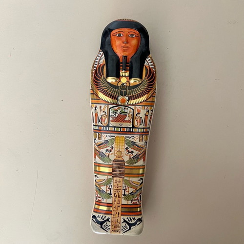 Metal sarcophagus pencil case used, vintage Ancient Egypt item