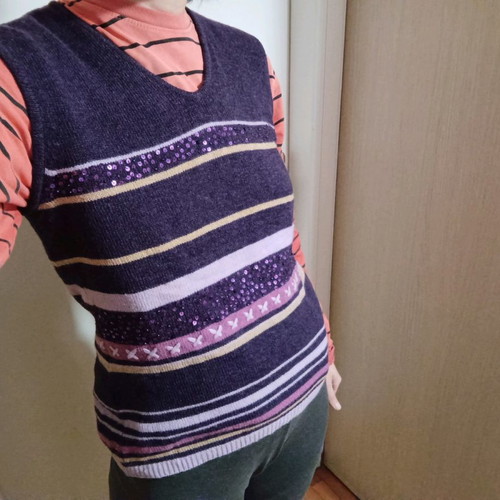 Wool vest purple used with embroidered sequins and striped pattern