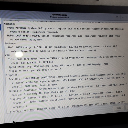 Dell Inspiron laptop without disk, RAM, or PSU
