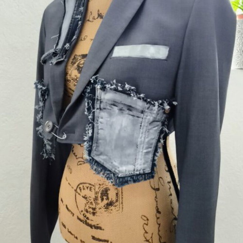 Handmade upcycled cropped blazer with denim details
