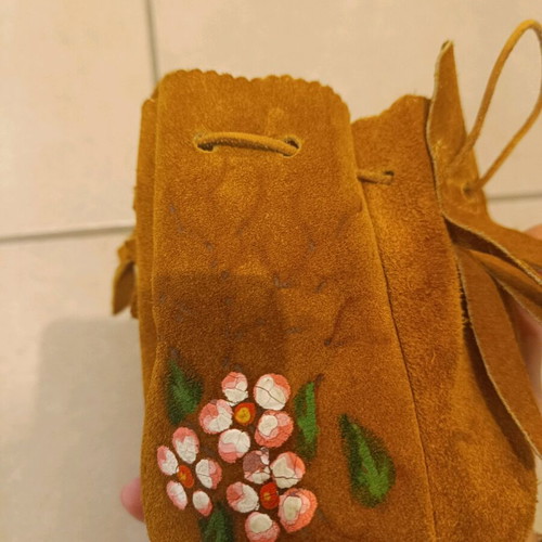 Small suede leather pouch brown used with handmade painting