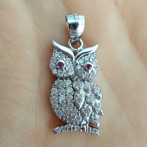 Silver owl pendant with white and ruby zirconia, new