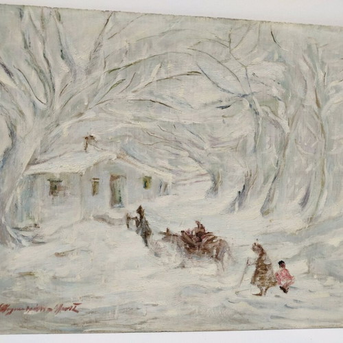 Oil painting snowy landscape used on plywood, old collectible 40x50