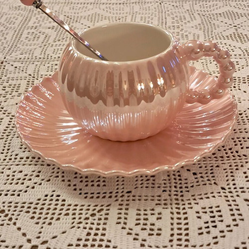 Coffee cup set new with saucer and spoon apricot pearlescent
