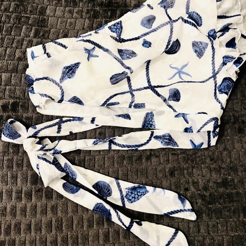 One-shoulder blouse with waist tie Medium like new, white and blue