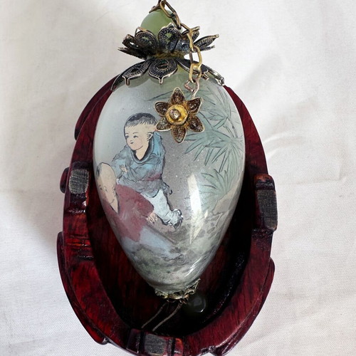 Chinese Decorative Egg Mid Century with Wooden Case used