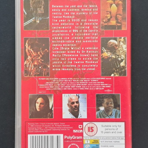 Twelve Monkeys VHS like new, English audio, no subtitles