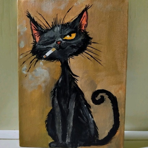 Handmade painting Black Cat new, acrylic on canvas 13×18 cm