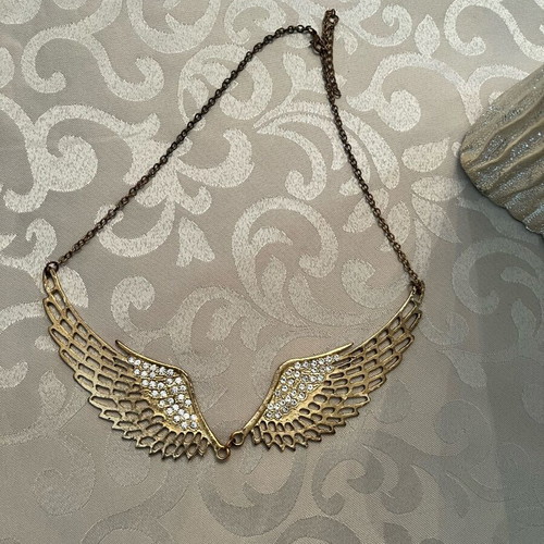Necklace with feathers used, gold tone with rhinestones