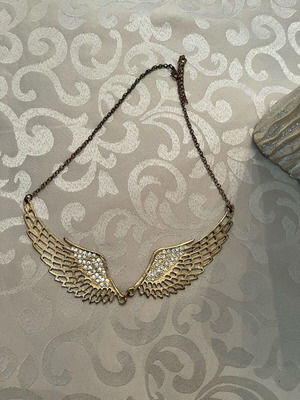 Necklace with feathers used, gold tone with rhinestones