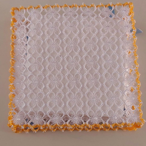 Handmade knitted napkin holder with lace and ribbon, like new