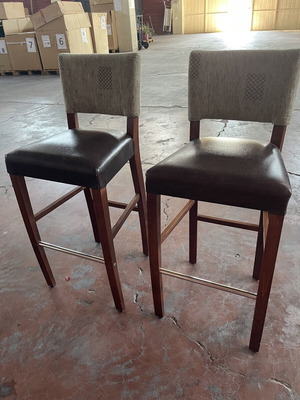 Bar stools set of 2 used with backrest, wood and leatherette