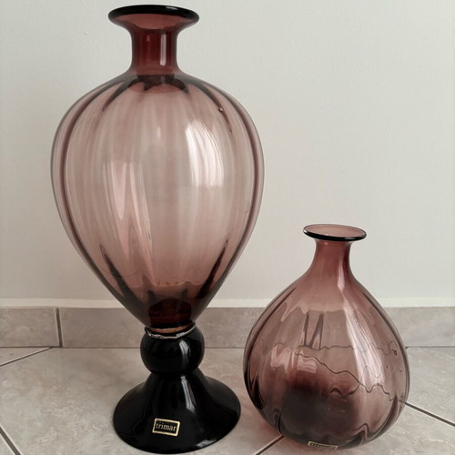 Handmade large blown glass vases, set of 2, purple-rose gradient
