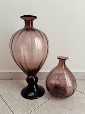 Handmade large blown glass vases, set of 2, purple-rose gradient
