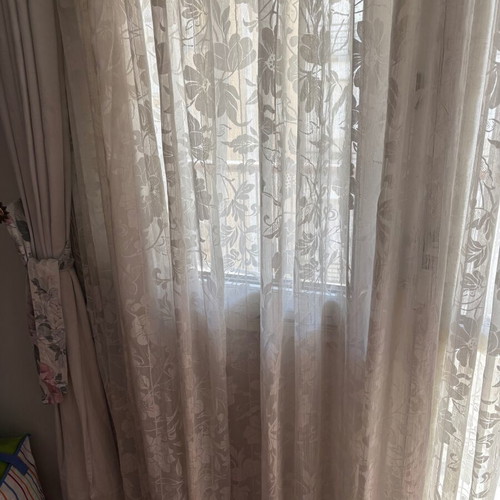 Curtain set used, 5 pieces with floral embroidered sheer and blackout curtains