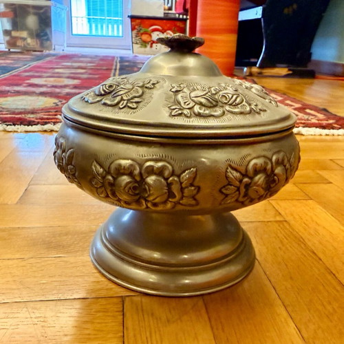 Vintage metal bowl with lid and base used, embossed floral design
