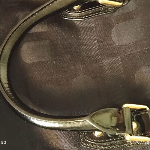 Bally Boston Bag in Black Cotton with Patent Leather Trim Like New