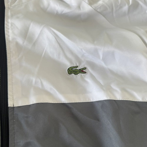 Lacoste windbreaker jacket with hood, gray and white, like new, unisex M/L