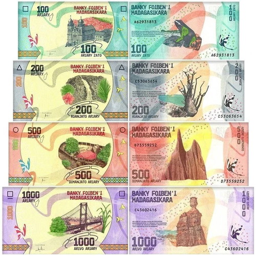 Madagascar Set 100, 200, 500, 1,000 Ariary 2017 Uncirculated
