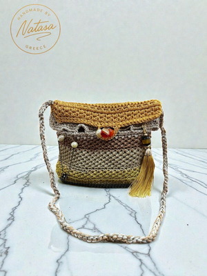 Handmade knitted shoulder bag in brown and yellow shades
