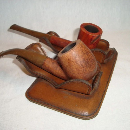 Vintage pipe stand for two tobacco pipes used, genuine leather