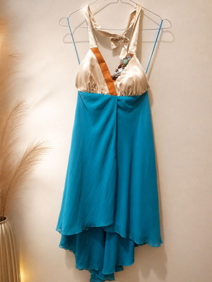 On Line evening dress S, satin and chiffon, turquoise