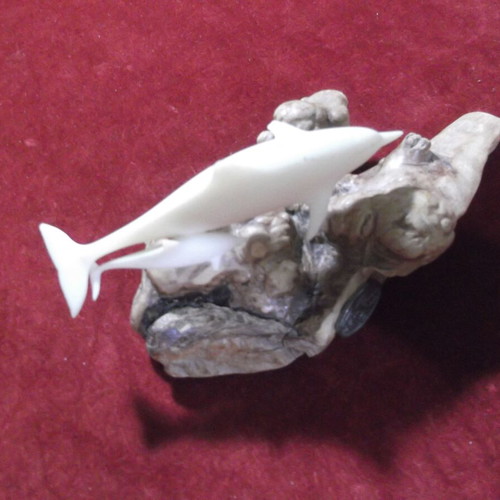 Vintage John Perry sculpture with 2 white dolphins, like new, wood