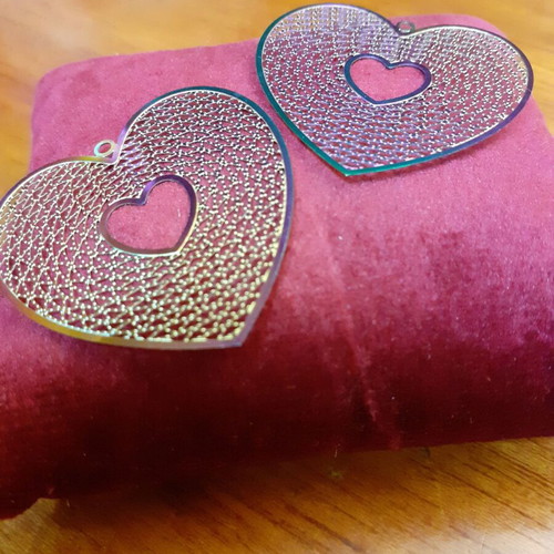 Filigree heart charms new, 2 iridescent hanging pieces