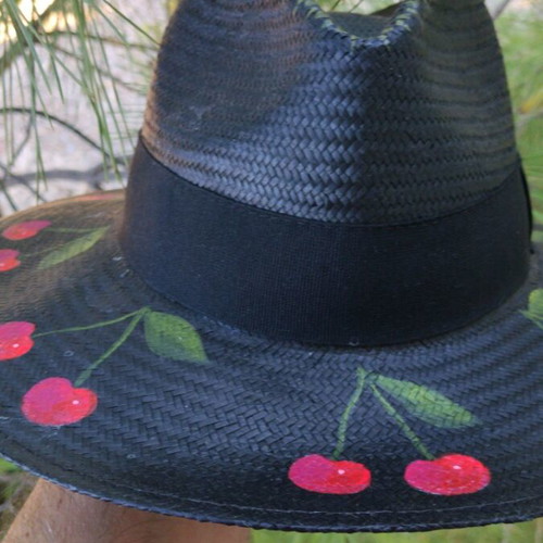 Elena Chalati straw fedora hat used, hand-painted cherries, size M
